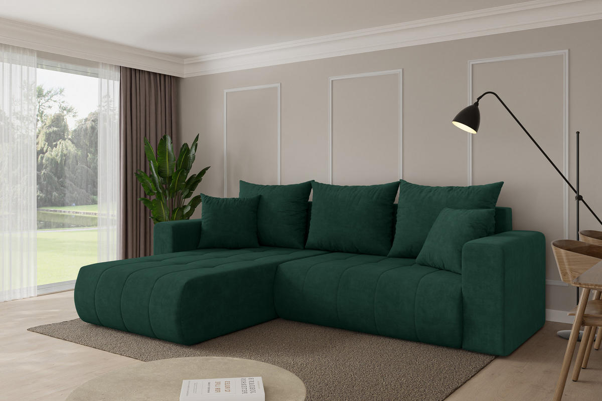 ROHOVÁ SEDAČKA s funkcí spaní, otoman vlevo MILA-L 277x194x86 zelená velur - černá/zelená barva, kompozitní dřevo/textil (277/194cm) - ALTDECOR