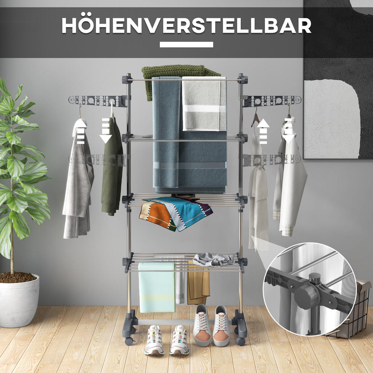 WÄSCHESTÄNDER DE-09793 5 Ebenen, klappbar mit 6 Rollen Grau+Silber - Grau, Metall (142/172/55cm) - ComfortXL