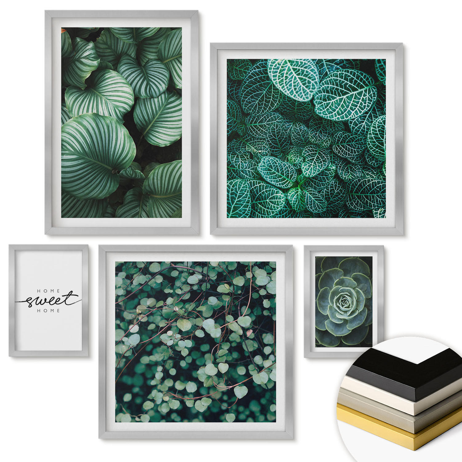 WANDBILDER 5er Set - 50x50 cm & 20x30 cm & 40x60 cm Silberner Rahmen - Wellen, Sand, Wasser, Steine, Strand - Silberfarben, Kunststoff (40/60cm) - ArtPrintCave
