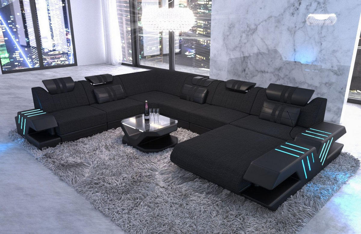 WOHNLANDSCHAFT Venedig Schwarz Strukturstoff - Schwarz, Kunststoff (373/80/288cm)