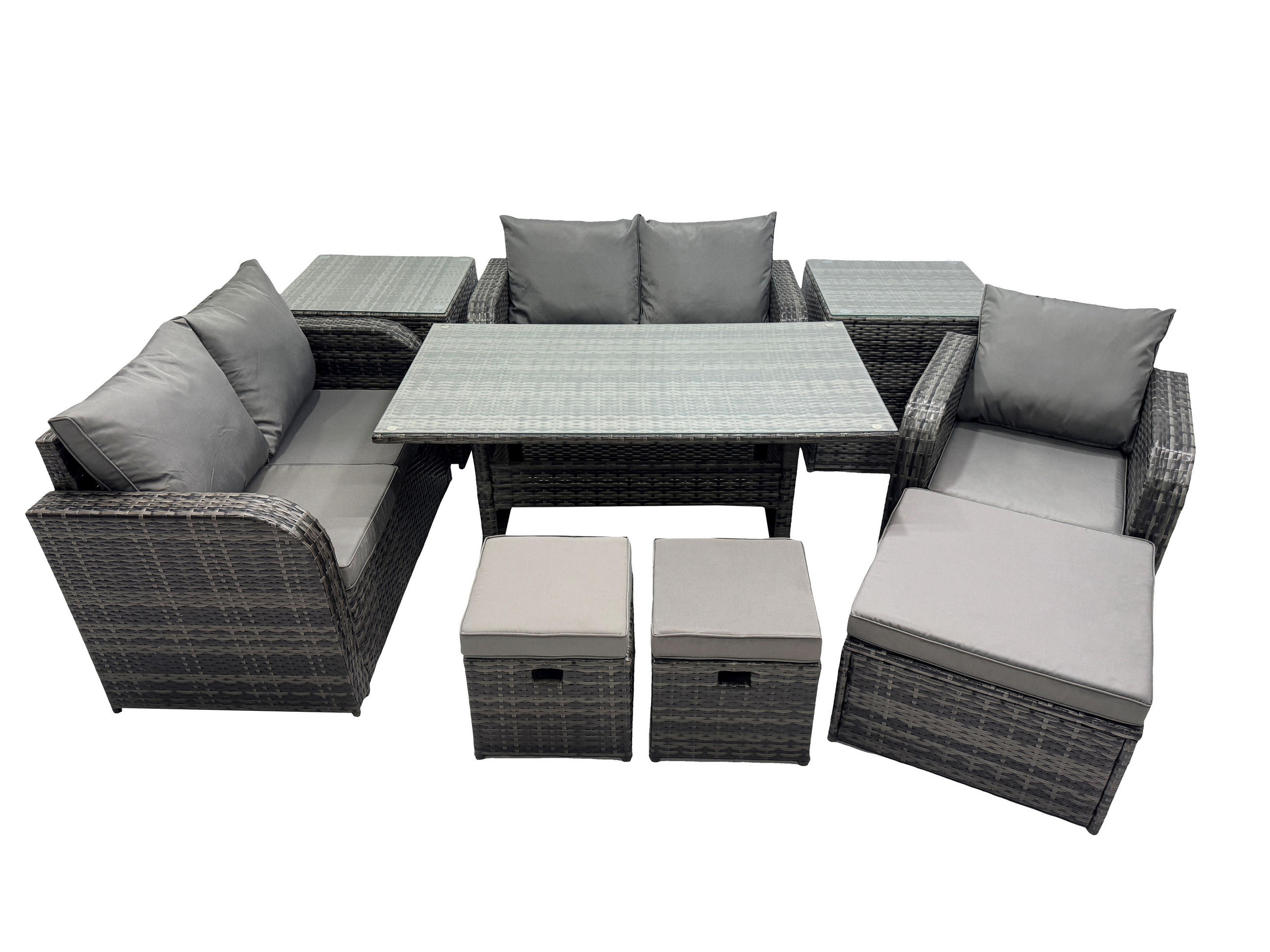 Gartenmöbelset mit Esstisch,Hockern,Beistelltischen Polyrattan Dunkelgrau 8-Sitzer - Dunkelgrau/Grau, Glas/Kunststoff - Fimous