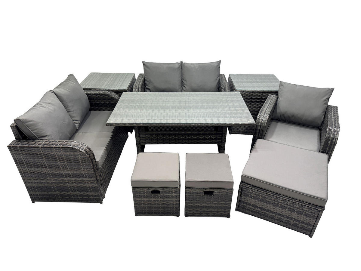 Gartenmöbelset mit Esstisch,Hockern,Beistelltischen Polyrattan Dunkelgrau 8-Sitzer - Dunkelgrau/Grau, Glas/Kunststoff - Fimous