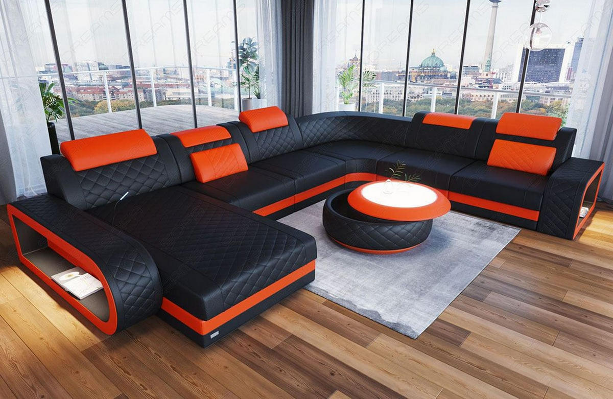 WOHNLANDSCHAFT Berlin U-Form Mini Schwarz Orange Kunstleder - Rot/Schwarz, Textil (264/80/362cm)