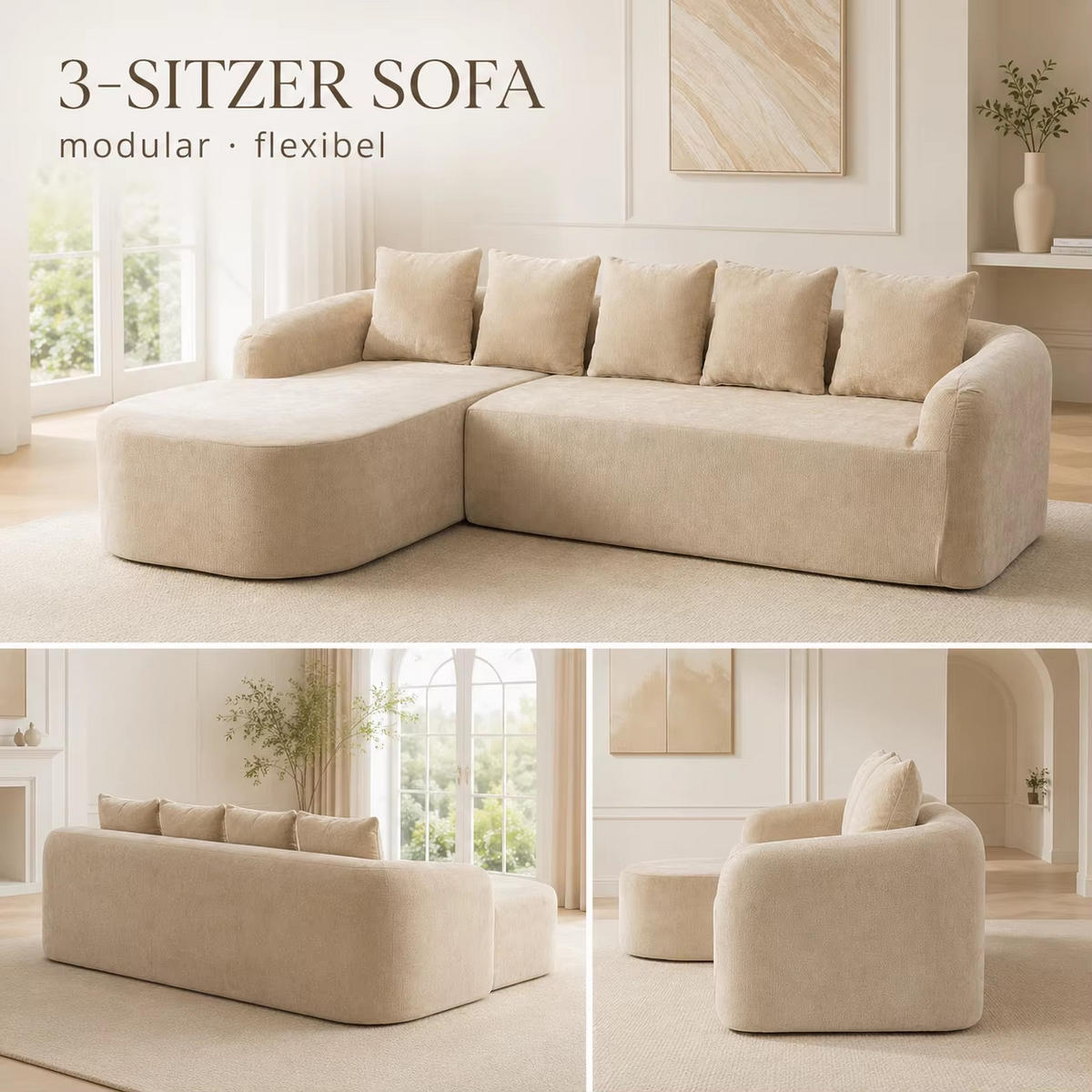 ECKSOFA Chenille, Modulares Kompressionssofa mit Komfortpolsterung, Hellkhaki - Beige, Textil (270/172cm) - Kaket