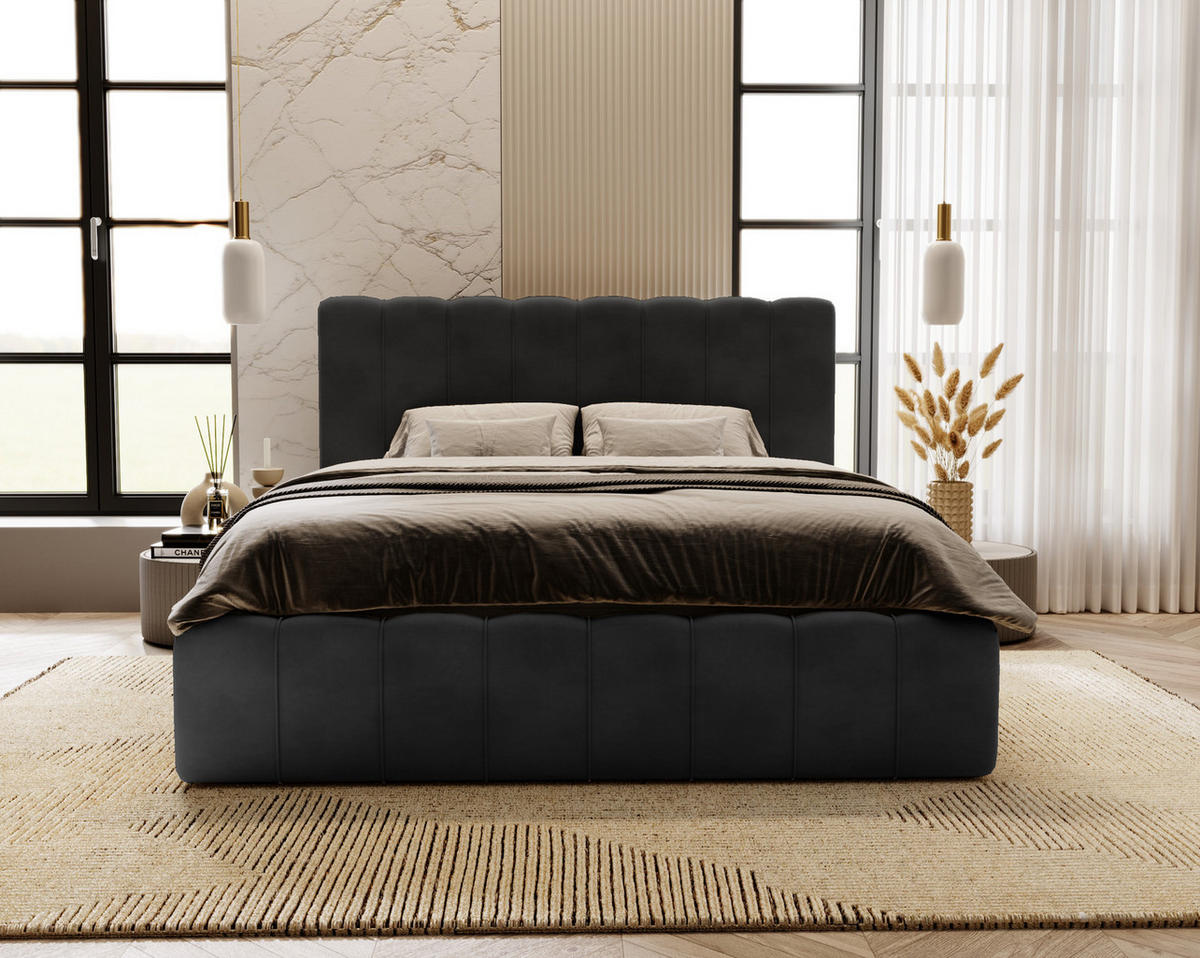 DOPPELBETT mit Bettkasten 200x200 Porto, Lattenrost, Schwarz - Schwarz, Holz/Textil (200/200cm) - Emporius