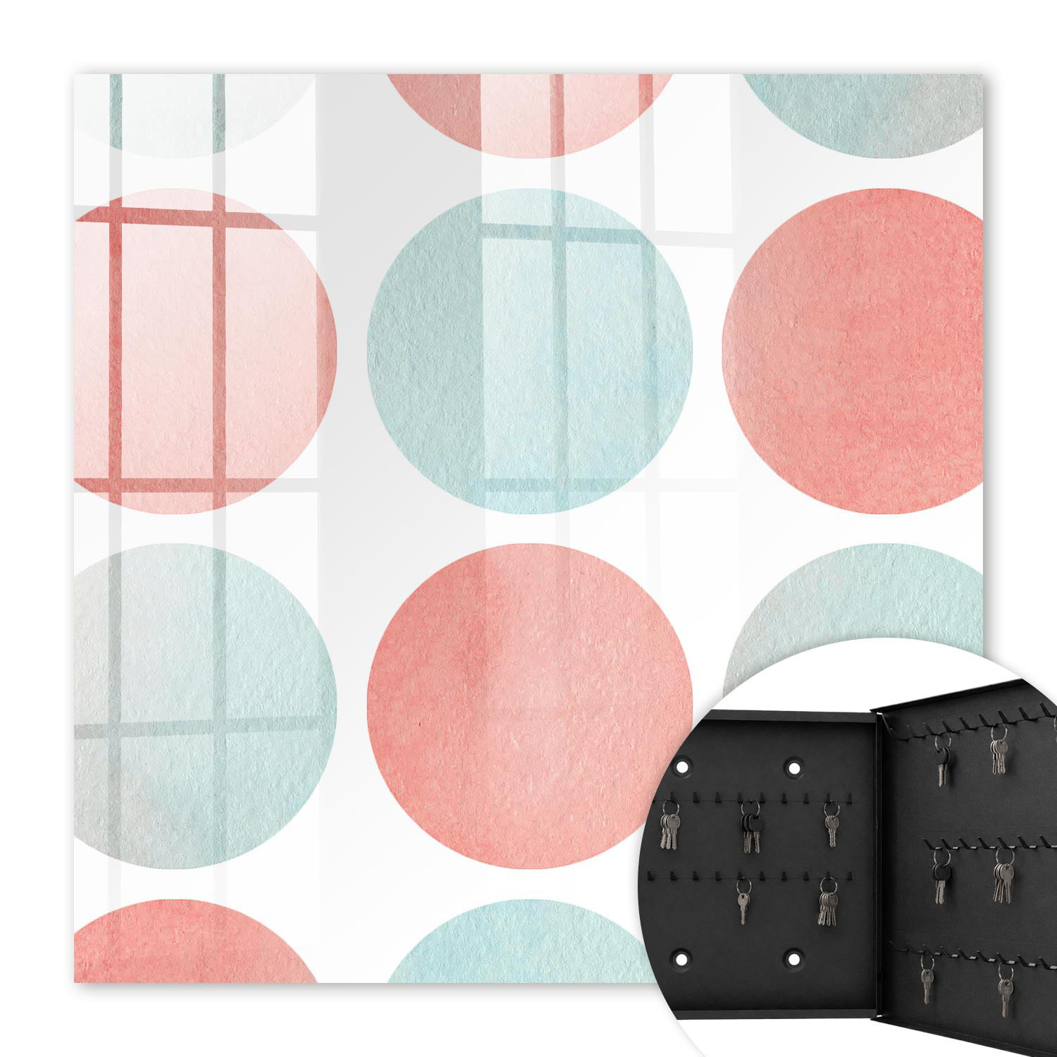 SCHLÜSSELBOX Schwarz 30x30 cm- Türöffnung nach rechts - Pastellkreise - Weiß, Metall (30/30/5cm) - TULUP