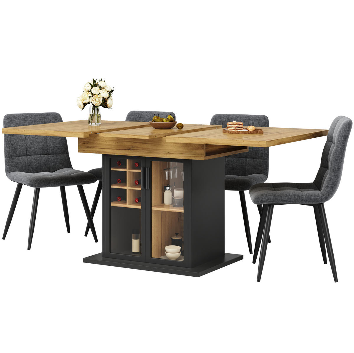 ESSTISCH 110-140x80x76 cm aus MDF mit Weinregal und Glastür ausziehbar - Naturfarben, Holzwerkstoff (80/140/76cm) - Modfu