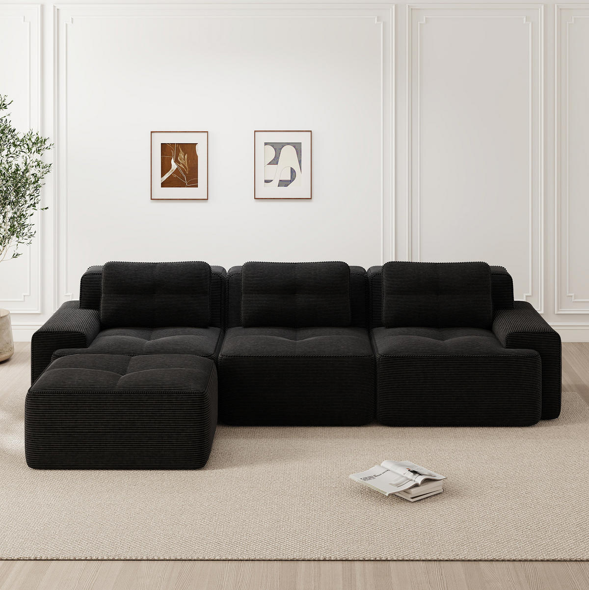 SOFA modular mit Tiefsitz Cord Black montagefrei - Schwarz, Kunststoff (177/293cm) - Meubliv