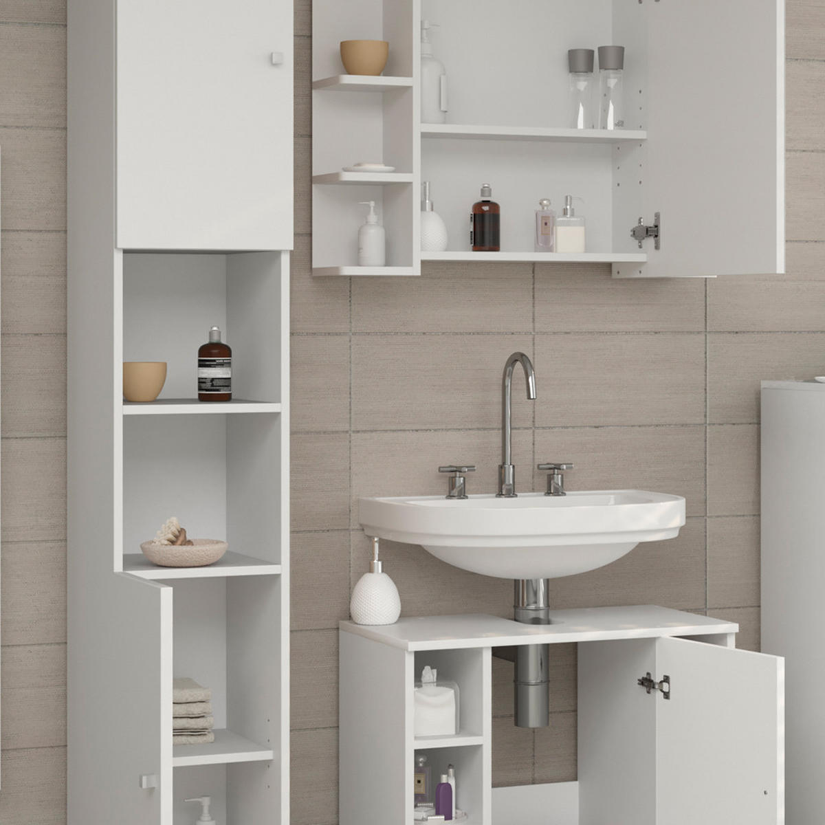 BADMÖBEL-SET Fynn Weiß 3 Teile, mit Hochschrank - Weiß, Holzwerkstoff (60/54/32cm) - Vicco