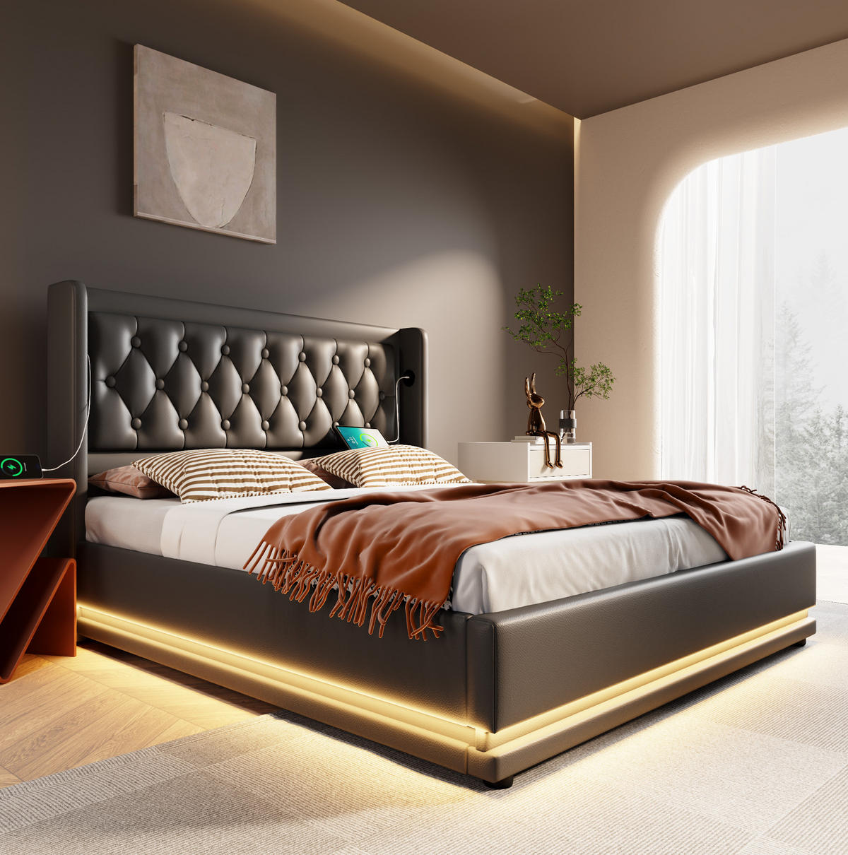 POLSTERBETT mit Bettkasten 140/200 cm in Schwarz PU mit LED und USB-C - Schwarz, Kunststoff (140/200cm) - BEAOK