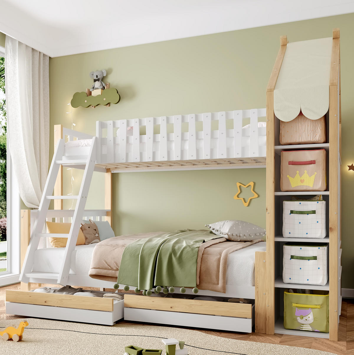 ETAGENBETT 90/200 cm + 140/200 cm weiß mit zwei Schubladen und Hausdach - Weiß, Holz (90/200cm) - OKWISH
