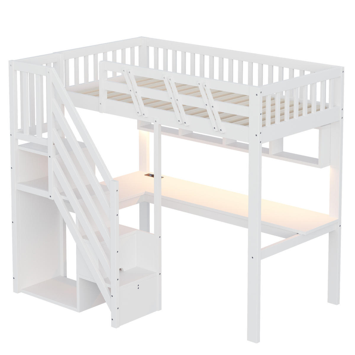 HOCHBETT aus Holz 90x200 cm Weiß mit Schreibtisch, Stauraumtreppe, LED-Beleuchtung und Steckdosen - Weiß, Holz (90/200cm) - IVMEU