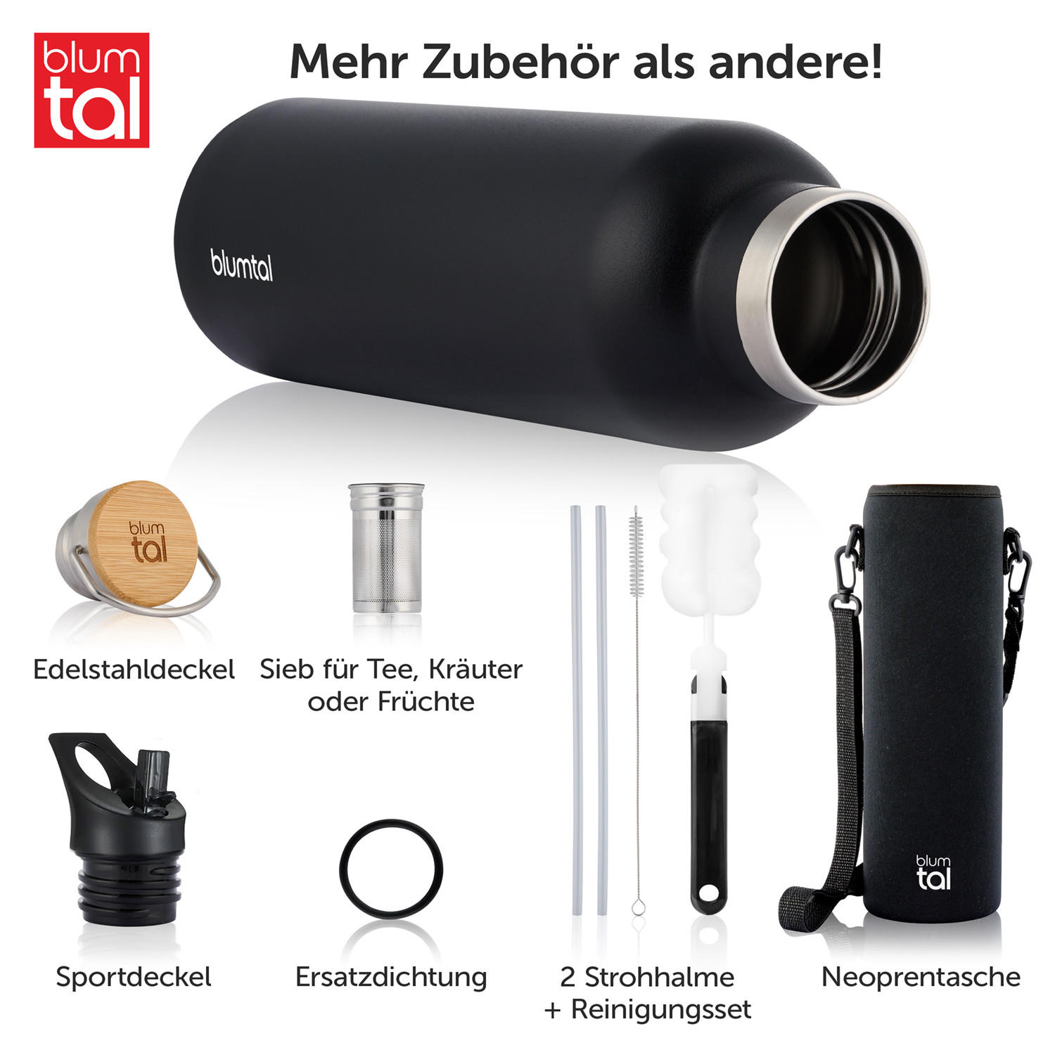 TRINKFLASCHE Leni 1000 ml, inkl. Teesieb und Sportdeckel - Schwarz, Metall (1L) - Blumtal