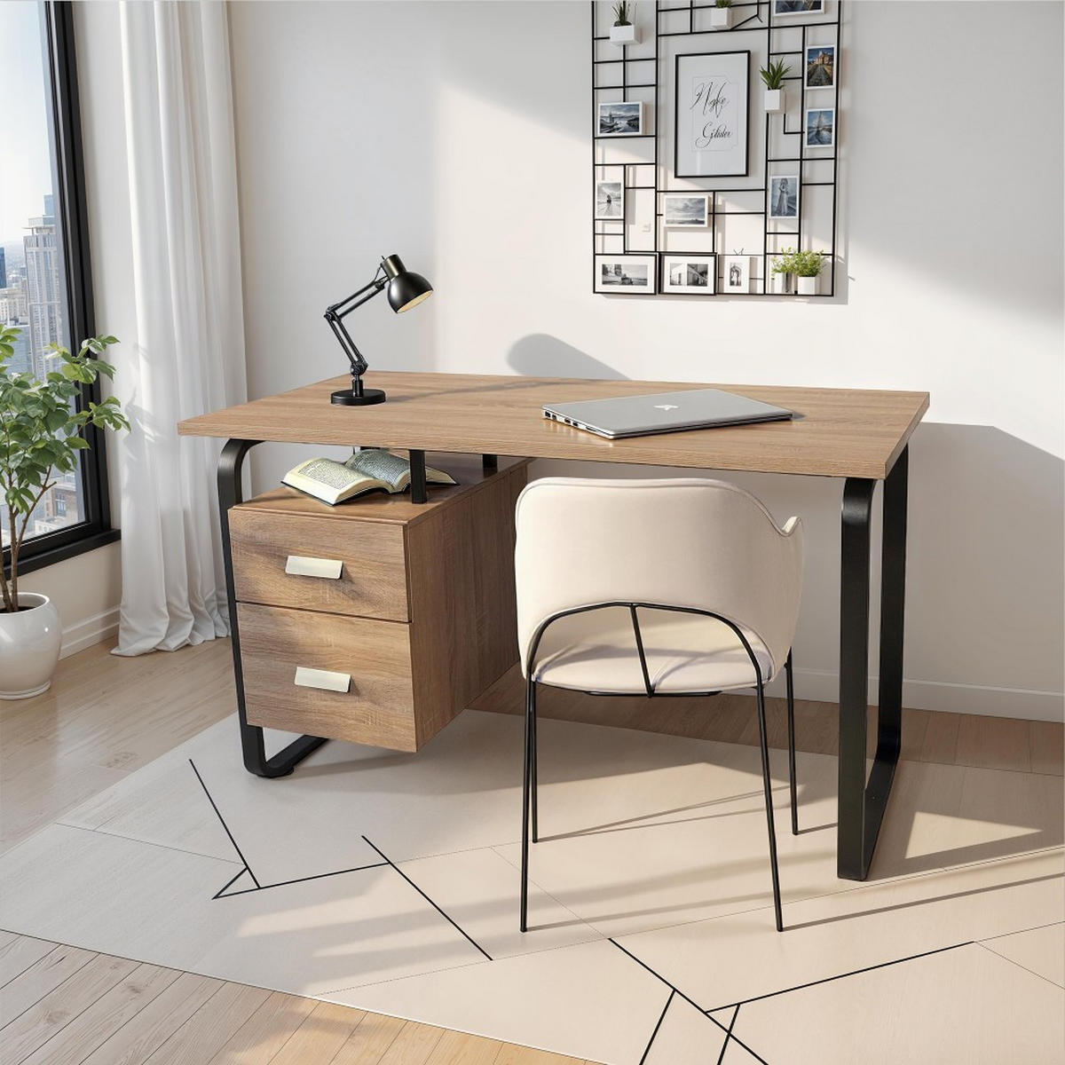 SCHREIBTISCH PEARL mit Schubladen/ Eiche dekor und schwarzes Metall - Schwarz/Sonoma Eiche, Holzwerkstoff/Metall (120/60/76cm) - Weber Industries