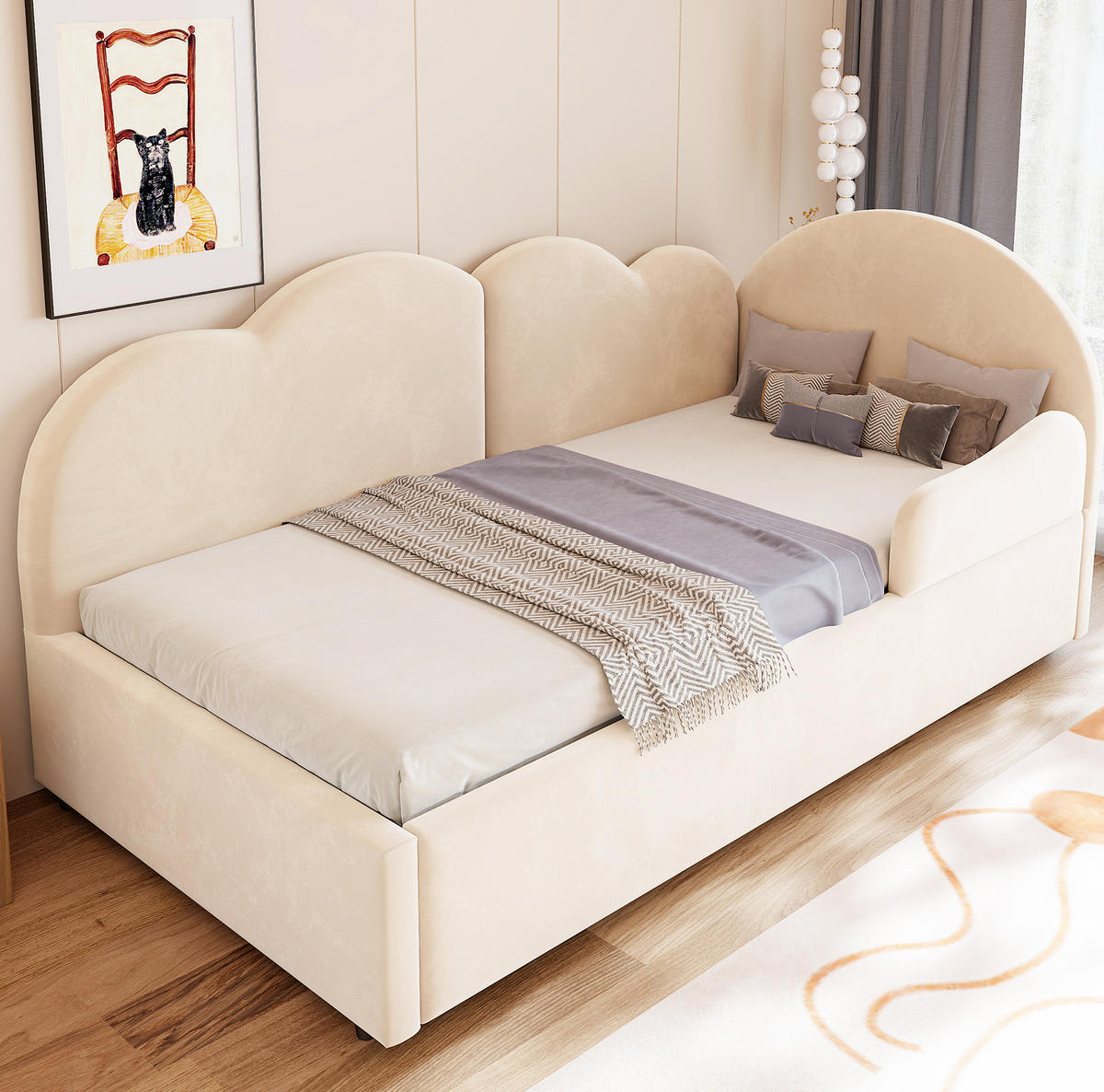 POLSTERBETT Ausziehbares Schlafsofa Samt 90x200 cm Beige ausziehbar, L-Form mit Wolkenkopfteil - Beige, Textil (90/200cm) - Modfu