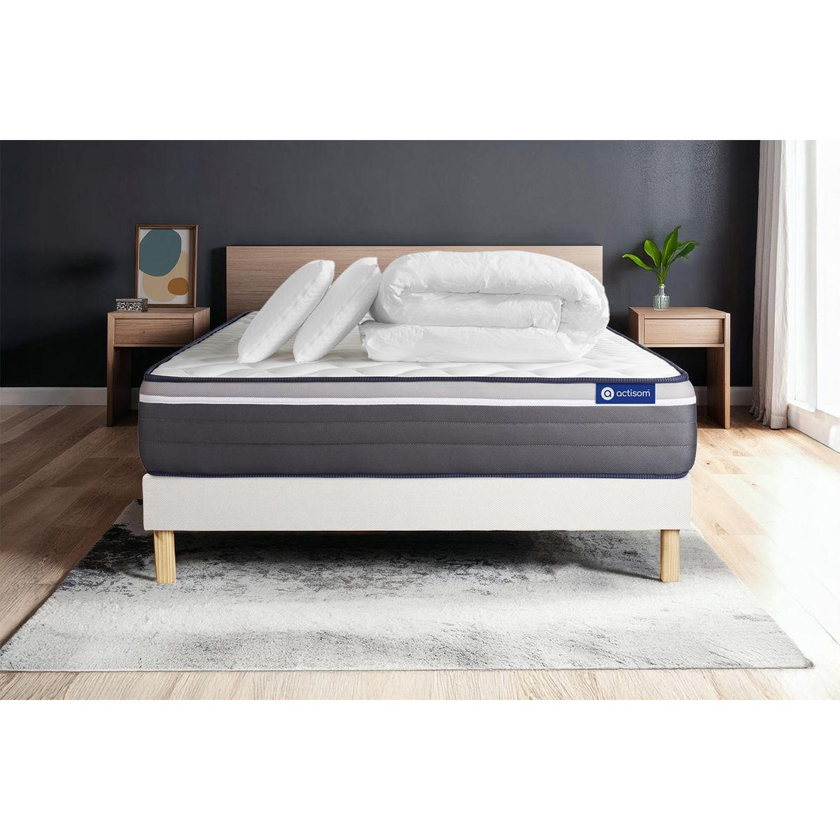 BETT Actimemo plus Memory-Schaum 140 x 200 cm h4 - Kit Bettgestell Weiß - Mit Kissen und Bettdecke - Beige/Weiß, Karton/Holz (140/200cm) - ACTISOM