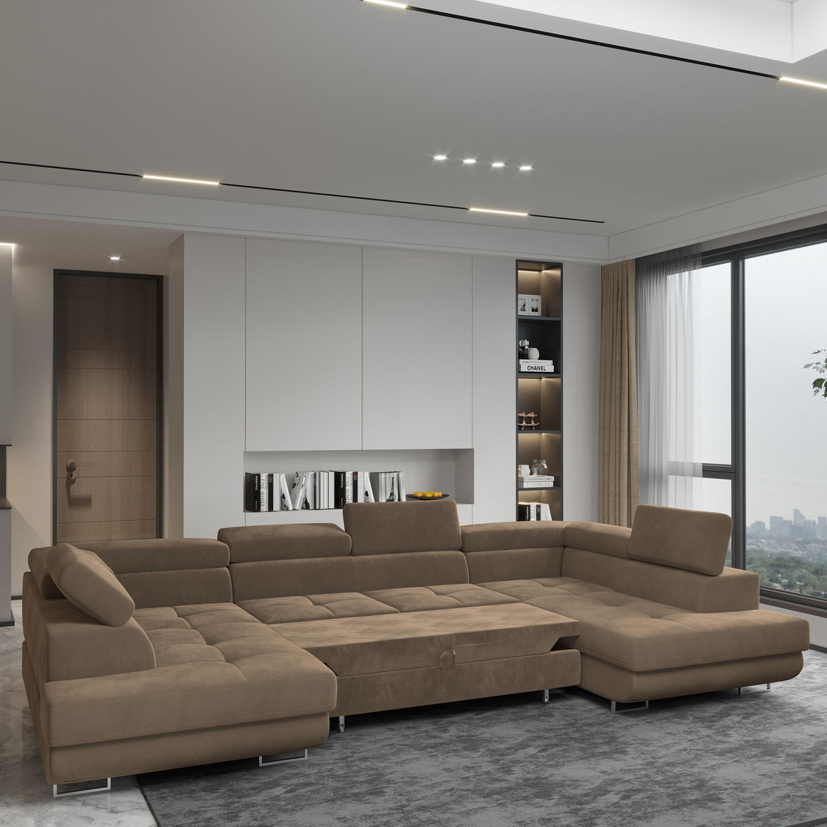 WOHNLANDSCHAFT RAGGIO Beige Velours-Stoff mit Schlaffunktion - Beige, Holz (336/90/202cm) - MASSENO