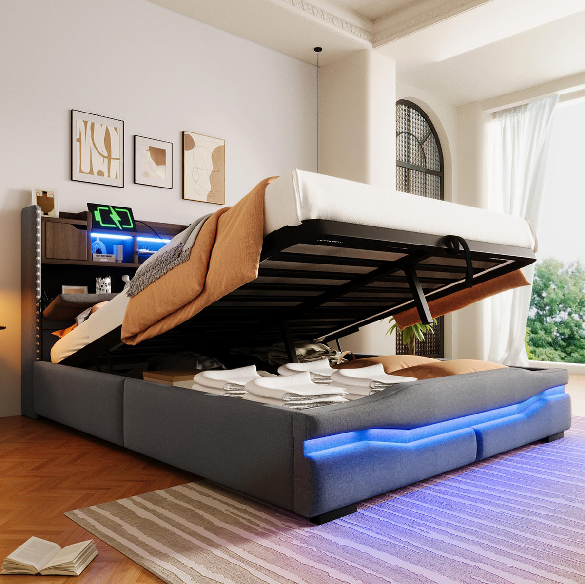 ČALÚNENÁ posteľ 140/200 cm s hydraulickým úložným priestorom, LED osvetlením, USB/Typ-C nabíjaním a čelom s odkladacím priestorom, Sivá - sivá, textil (140/200cm) - Redom