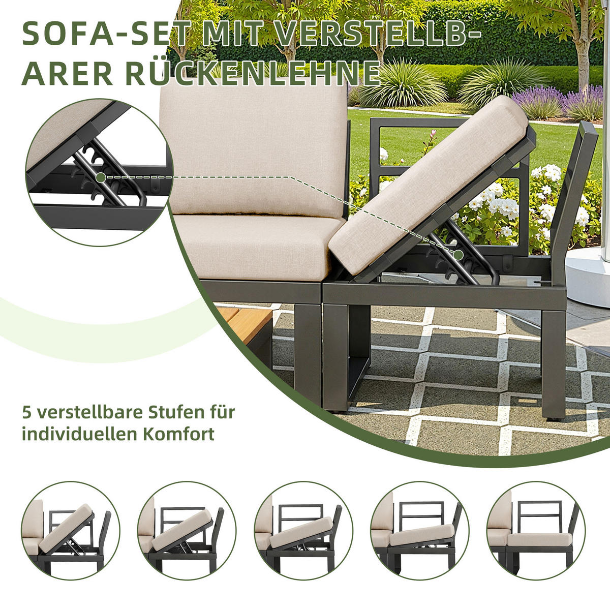 GARTENLOUNGE 6tlg Grau Beige Ecksofa Tisch Hocker verstellbar - Beige, Metall - FLIEKS