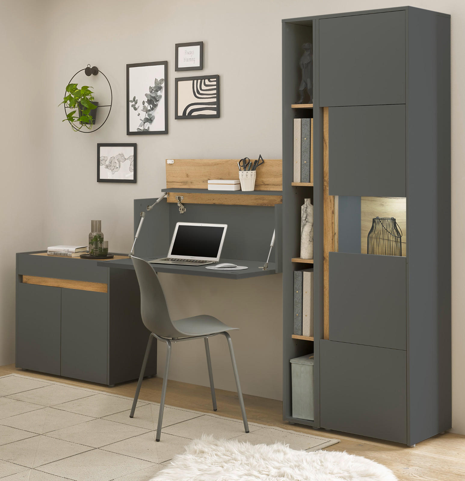 AKTENSCHRANK Set 4-teilig grau matt, Eiche Wotan 290 cm, Büromöbelkombination mit Sekretär und viel Stauraum - Eiche Wotan/Schwarz, Glas/Holzwerkstoff (290/200/40cm) - Furn.Design