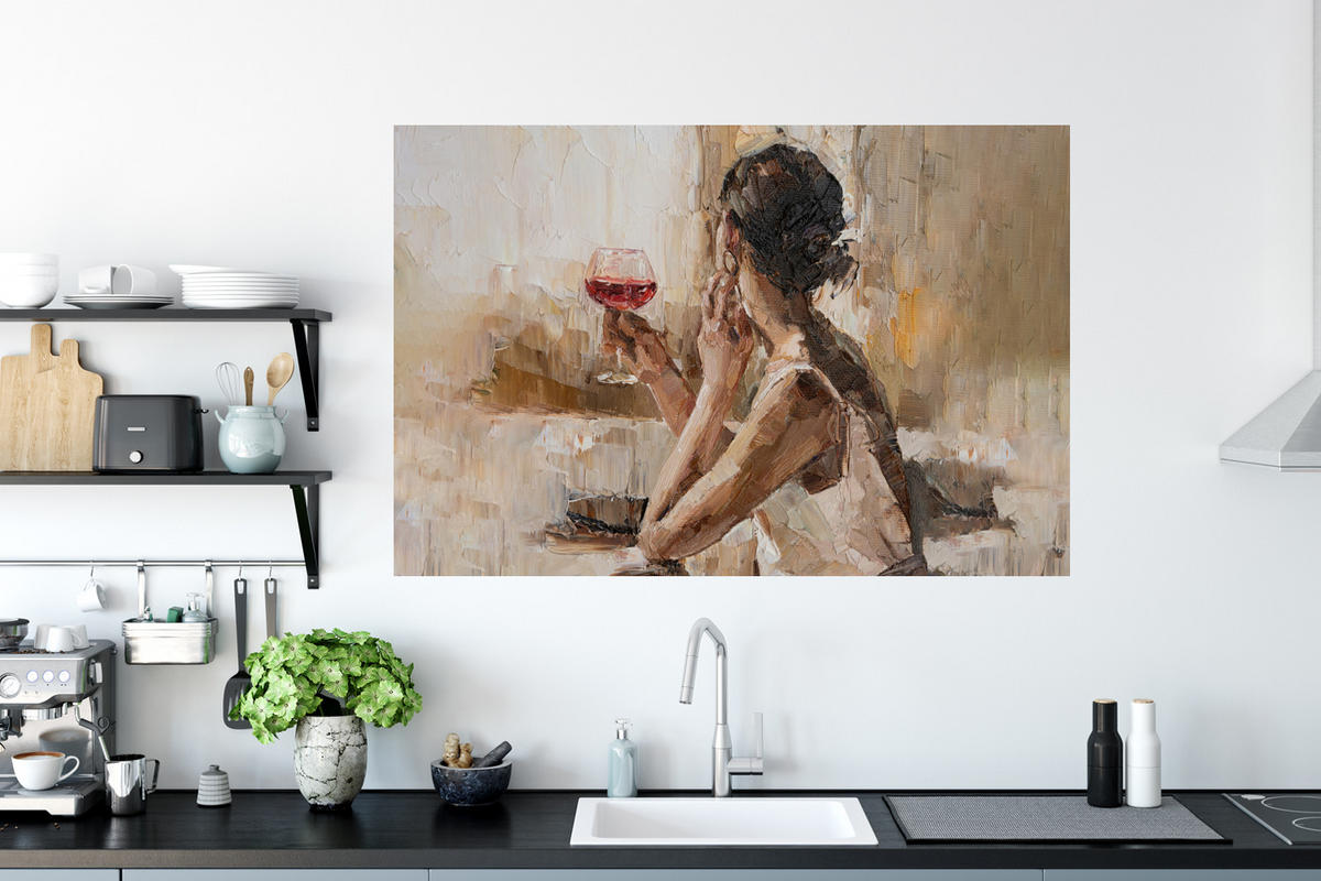 WANDTATTOO Ölgemälde - Frau - Wein 120x80 cm - Hellbraun, Kunststoff (120/80/0.1cm) - MuchoWow
