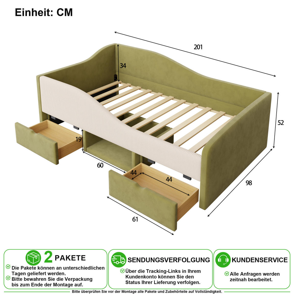 KINDERBETT 90/190 cm in Dunkelgrün & Cremeweiß mit 2 Schubladen und Schutzgittern - Weiß/Grün, Holzwerkstoff/Textil (90/190cm) - CHICFURN