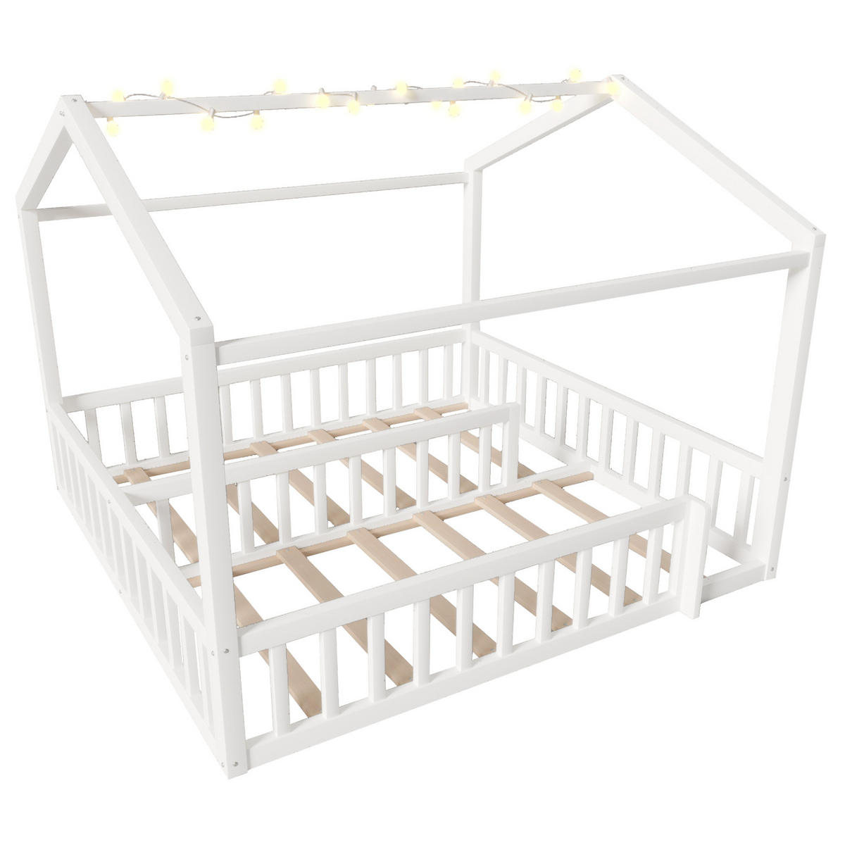 HAUSBETT aus Kiefernholz 90x190/180x190 cm Weiß mit Schutzgitter, LED-Licht und teilbarem Dual-Design - Weiß, Holzwerkstoff (90/190cm) - Modfu
