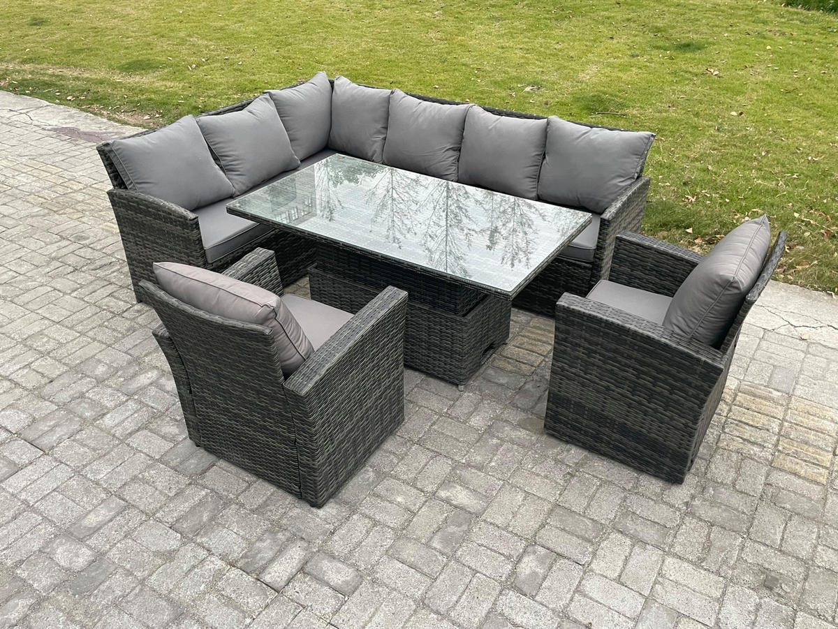 GARTENSET mit Höhenverstellbarer Tisch, 2 Stühle Polyrattan Dunkelgrau 8-Sitzer - Dunkelgrau/Grau, Glas/Kunststoff - Fimous