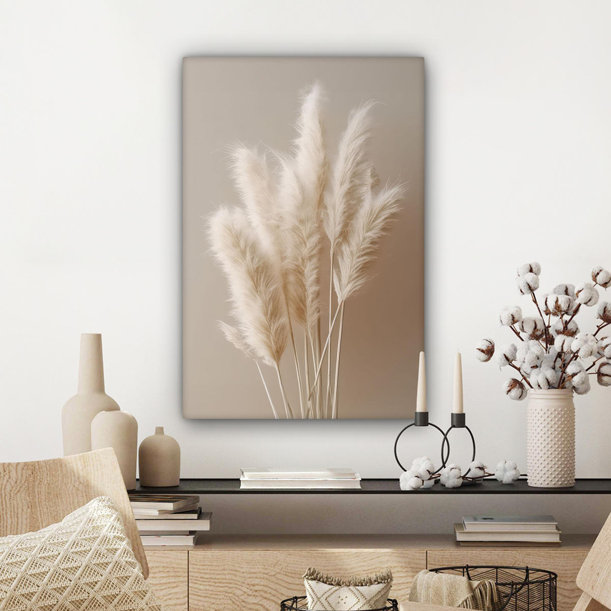 OBRAZ NA PLÁTNĚ Pampová tráva - Plumes - Pastelová - Bílá 40x60 cm - přírodní, textil (40/60cm) - MuchoWow