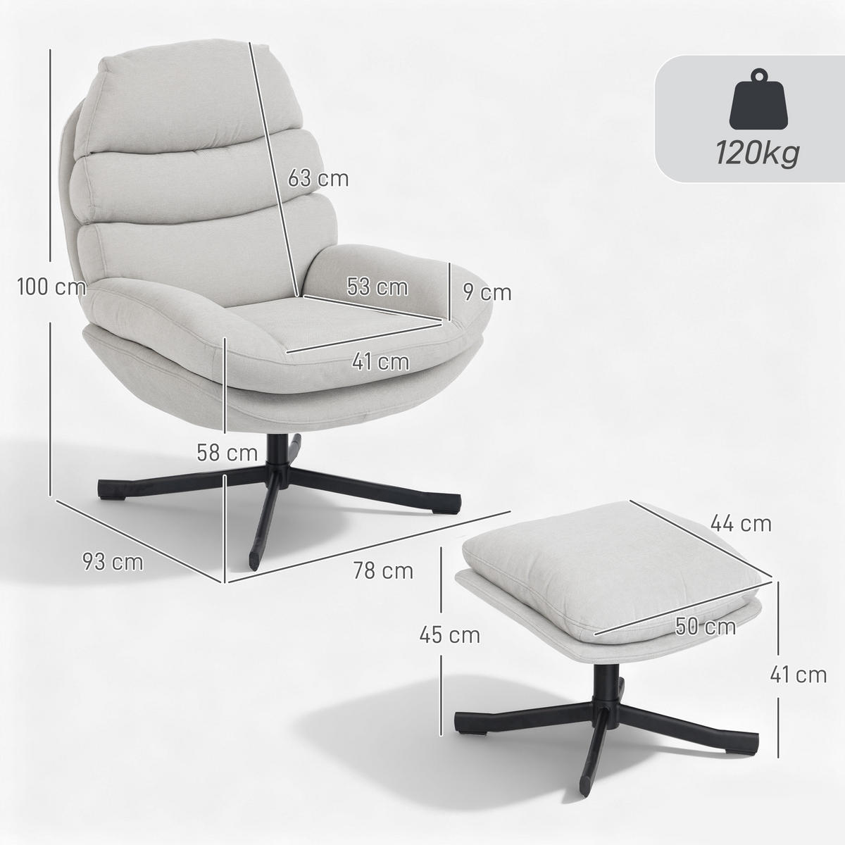 RELAXSESSEL mit Hocker Sessel Loungesessel mit Chenille-Optik Cremeweiß - Blau/Creme, Textil/Metall (78/100/93cm) - HOMCOM