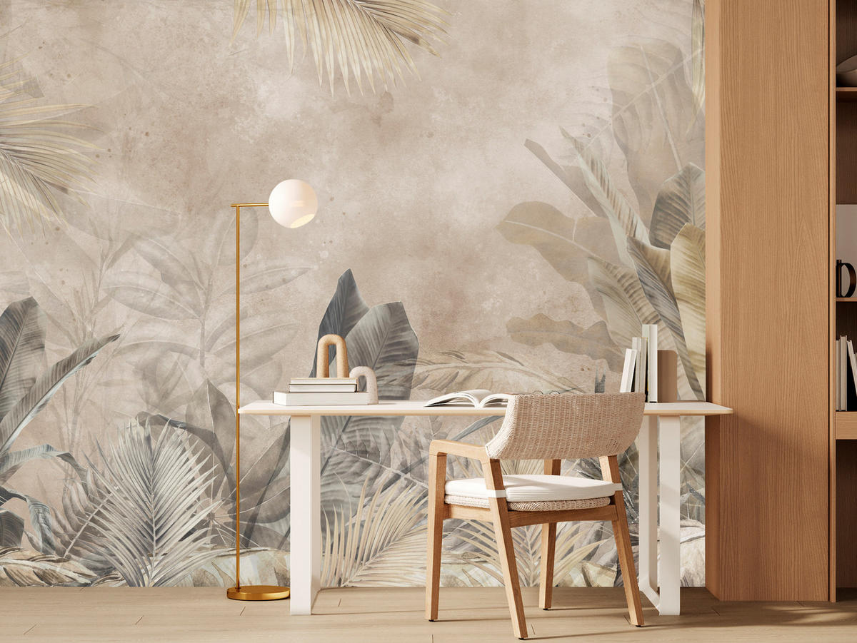 FOTOTAPETE für Schlafzimmer Bananenblätter auf Beton Tropisch Beige 150x105 - Beige/Braun, Papier (150/105cm) - Muralo