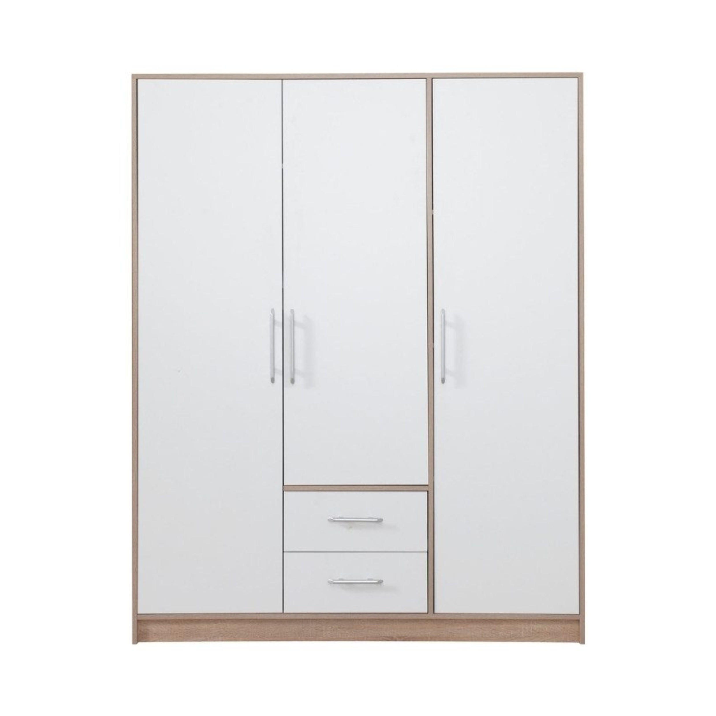 KLEIDERSCHRANK SAM SR2 3-türig 150 / 190 / 56 cm Weiß | Eiche Sonoma - Weiß Hochglanz/Sonoma Eiche, Holzwerkstoff (150/190/56cm) - Deine Möbel 24