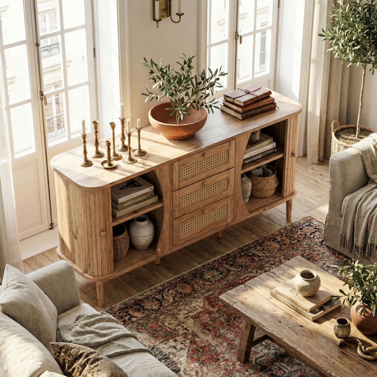 SIDEBOARD Rattan Kommode mit Schiebetüren, 140.5/40/76cm - Körsbärsfärgad, Träbaserade material (140/76/40cm) - Urban Meuble