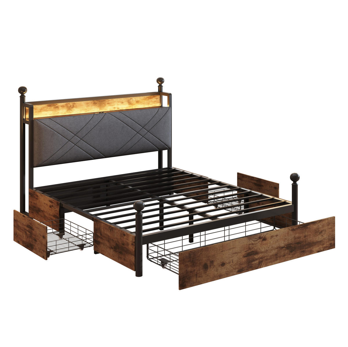 METALLBETT 140/190 cm mit LED-Beleuchtung, Stauraum und USB- und Type-C-Anschlüssen - Schwarz, Metall (140/190cm) - Flora Grace