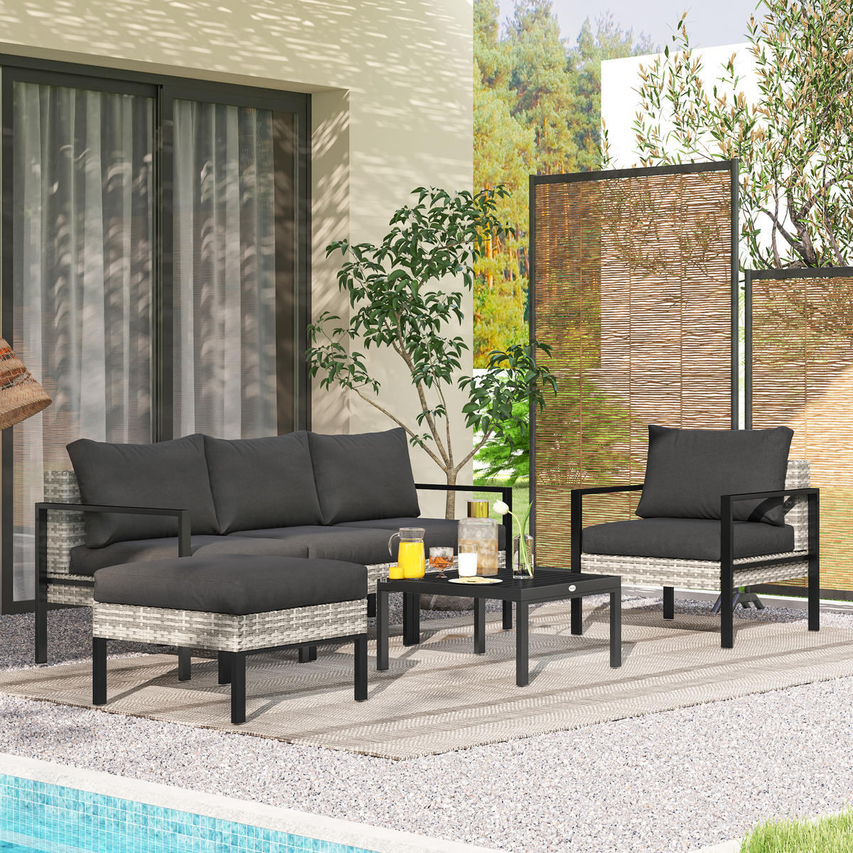 GARTENLOUNGE-SET DE-13619 6-teilig mit Tisch & Hocker Hellgrau - Hellgrau, Kunststoff/Metall - ComfortXL