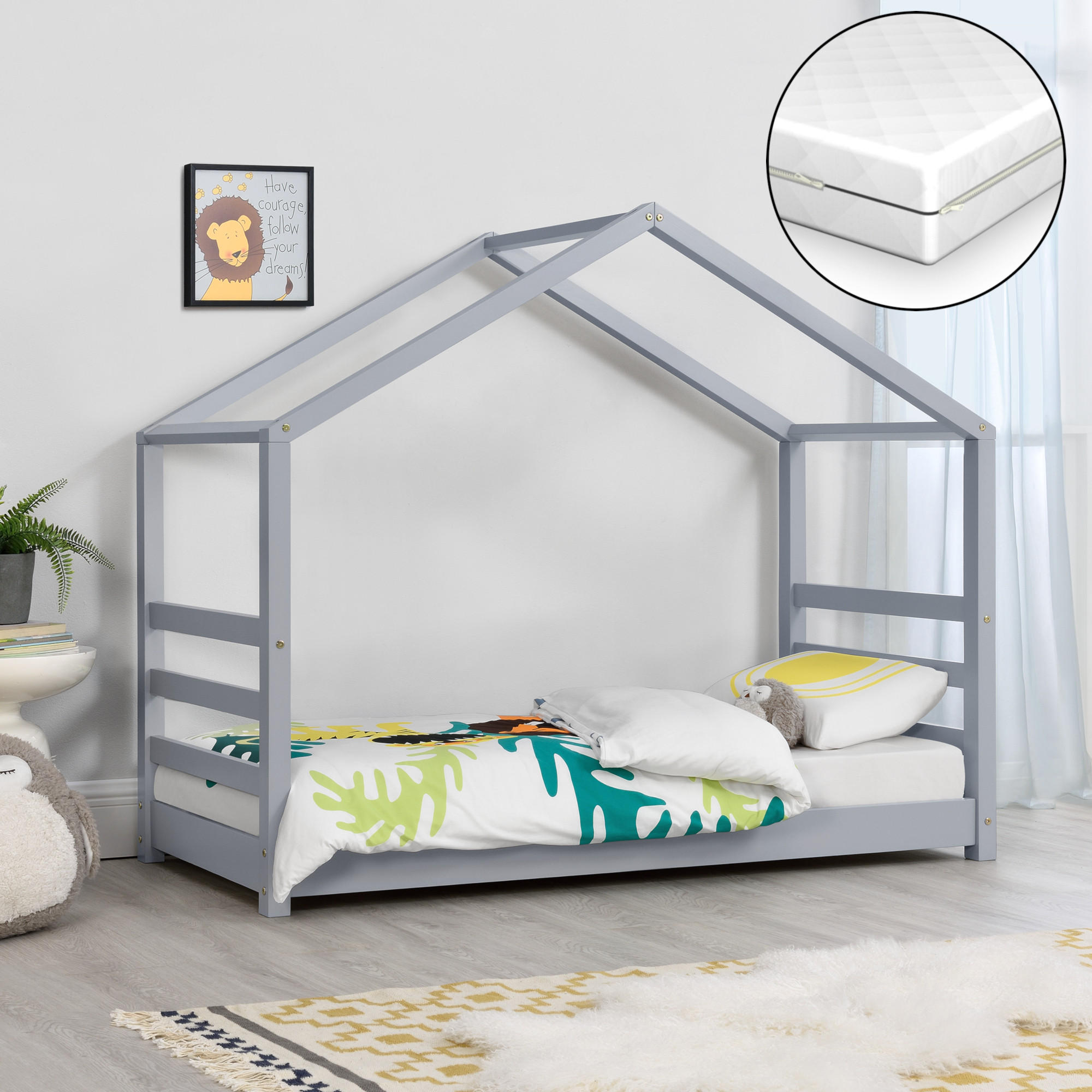 HAUSBETT Vardø mit Matratze - Grau, Holz/Textil (70/140cm) - [en.casa]