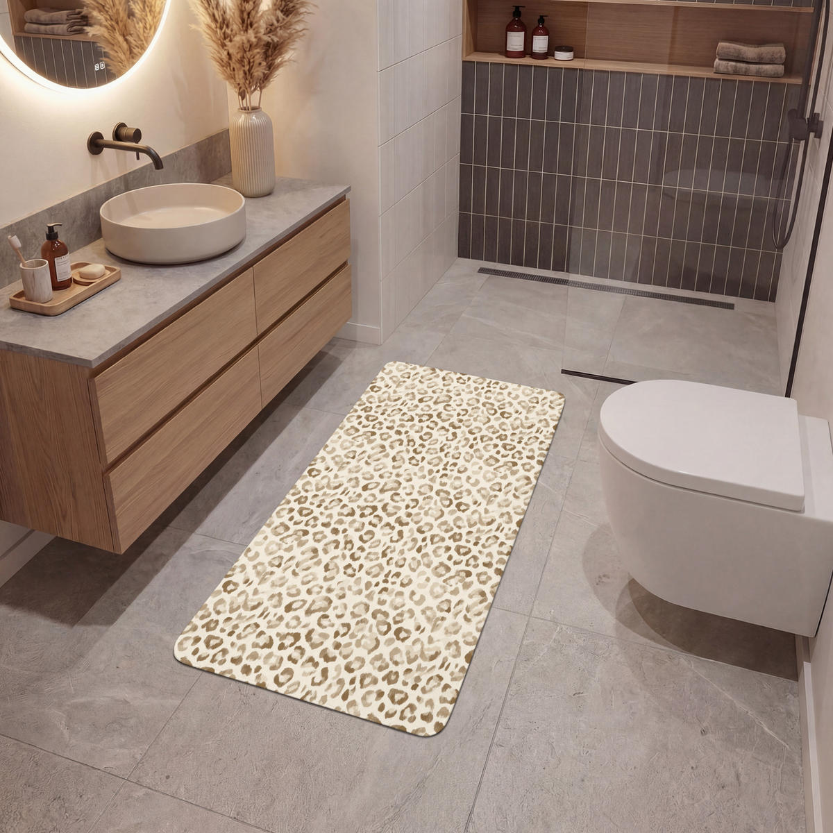 KOUPELNOVÁ PŘEDLOŽKA Leopard - Classic - Béžová 60x120 cm - světle hnědá, textil/plast (60/120cm)