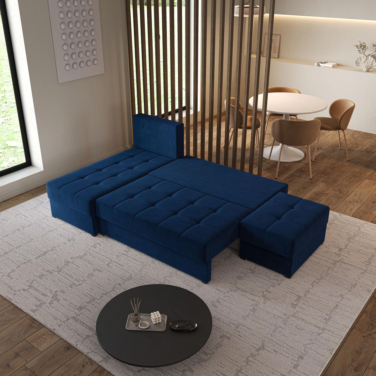 ECKSOFA NORVI Blau Plüsch-Stoff mit Schlaffunktion - Blau, Holz (251/143cm) - MASSENO