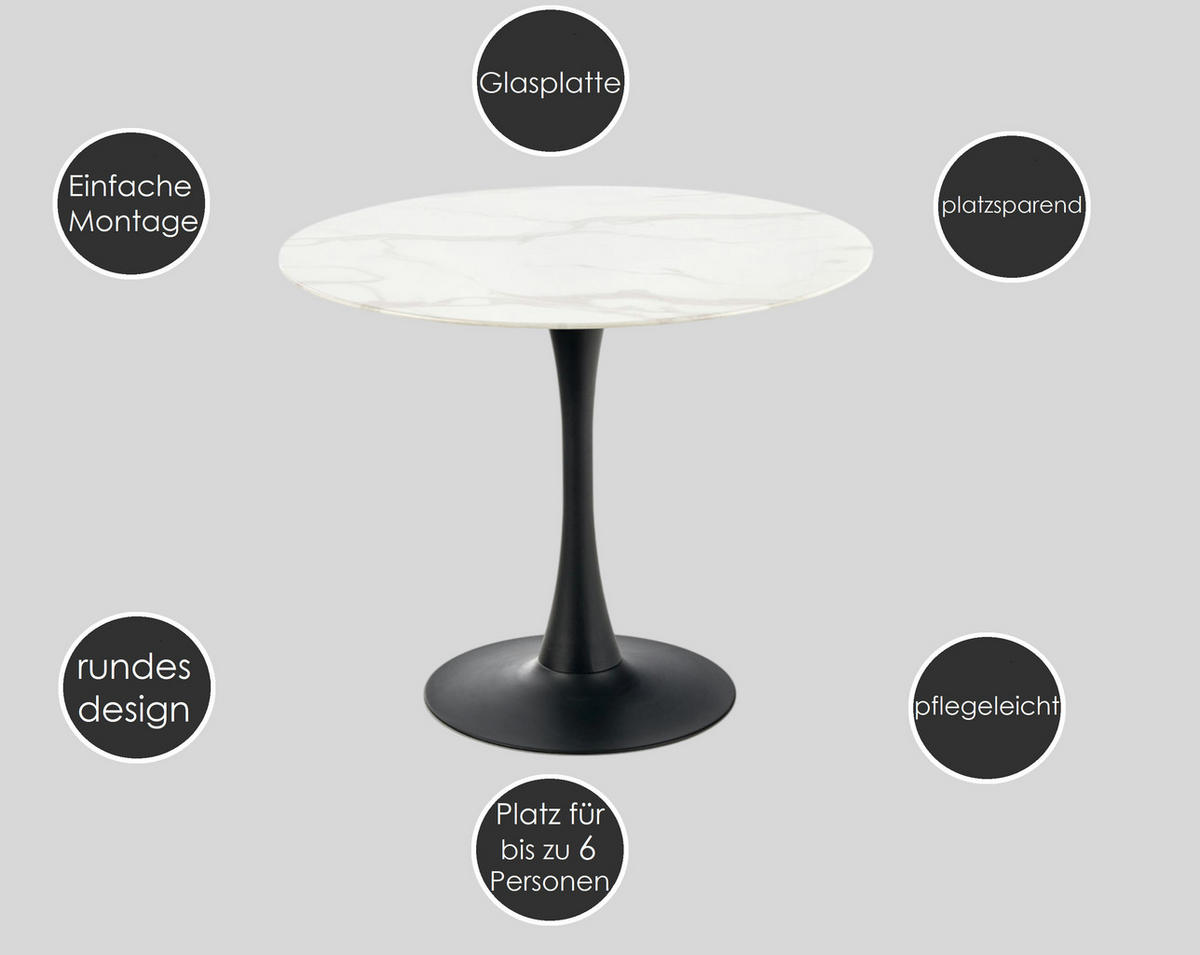 ESSTISCH rund Glas Marmor Schwarz 90x76 cm - Schwarz/Weiß, Holzwerkstoff (90/90/76cm) - designimpex
