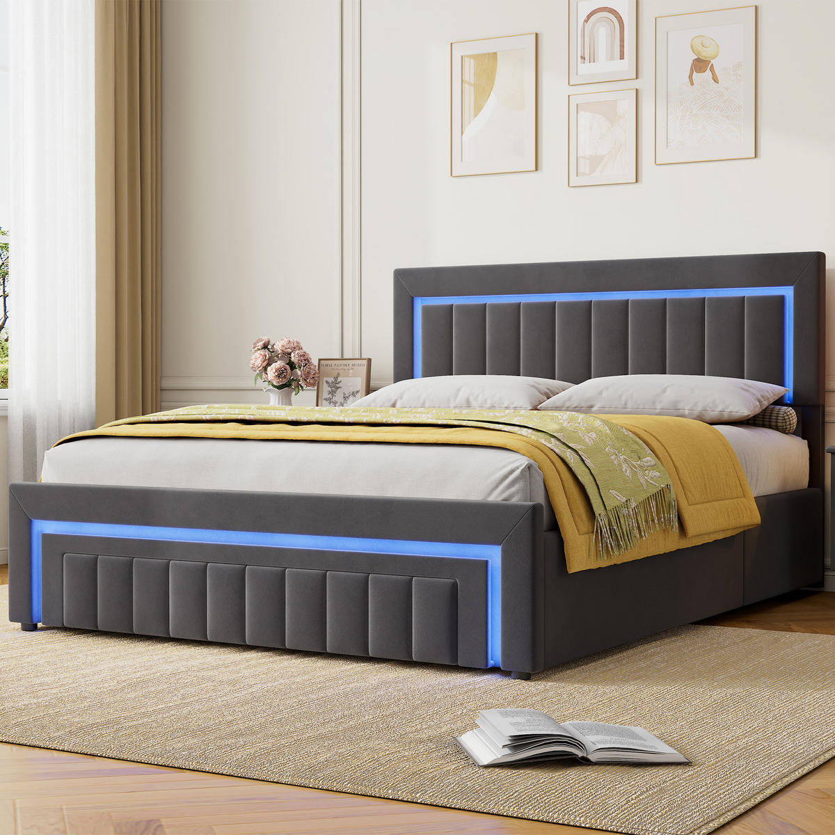 POLSTERBETT 160/200 cm in Grau, mit Bettkasten und Schubladen , mit LED, ohne Matratze - Grau, Holzwerkstoff/Textil (160/200cm) - WISHDOR