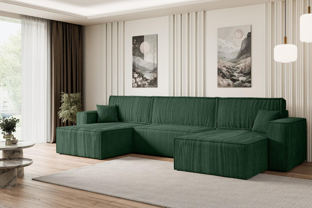 WOHNLANDSCHAFT mit Schlaffunktion und Bettkasten CELTIC-XLU - 377x143x83 cm Grün Cord - Schwarz/Grün, Holzwerkstoff/Kunststoff (377/83/143cm) - ALTDECOR