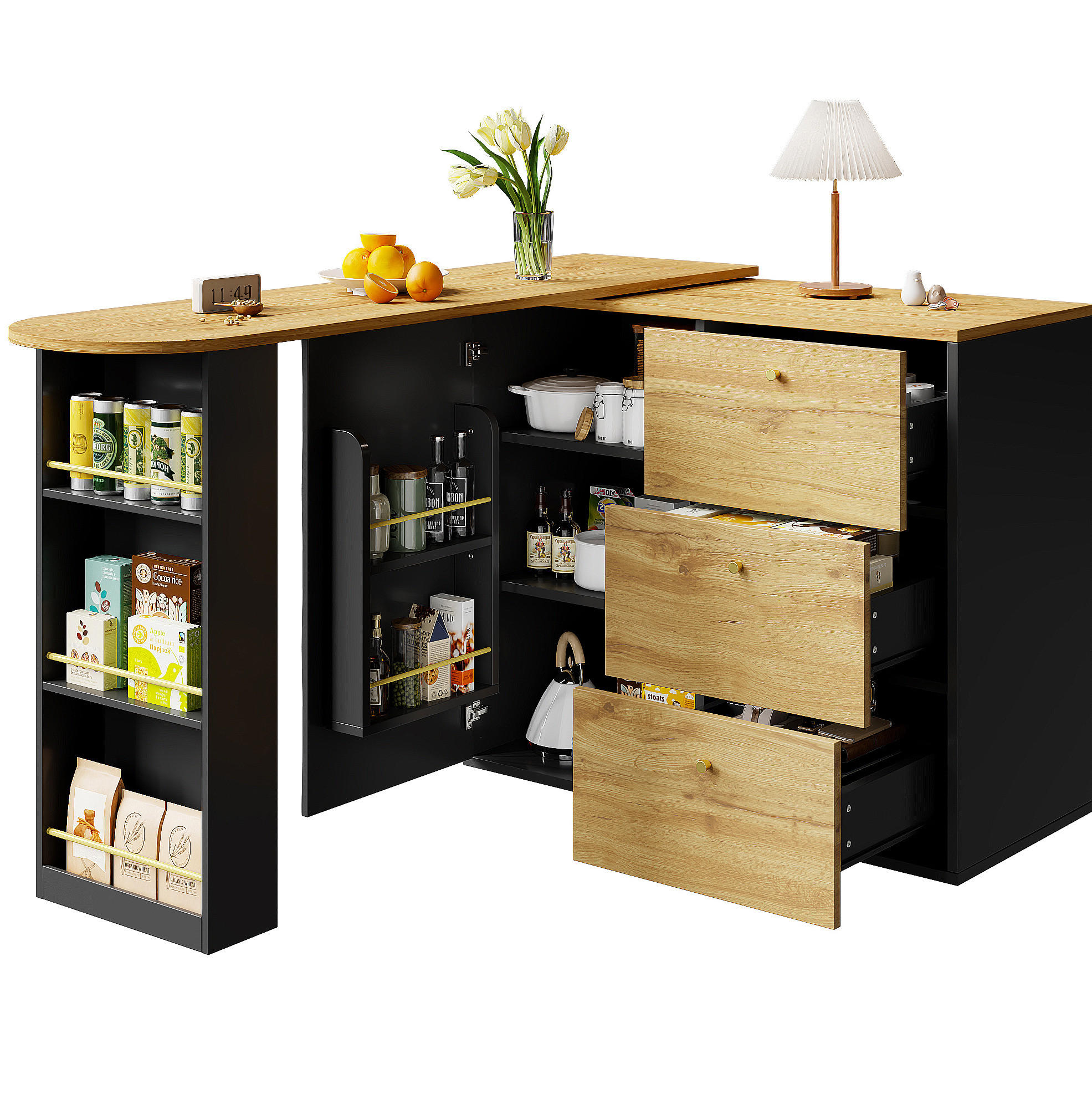 BAROVÝ stůl z MDF 138-204x39x104 cm černý otočný o 360° a výsuvný s úložným prostorem a 3 zásuvkami - černá, kompozitní dřevo (204/104/39cm) - Modfu