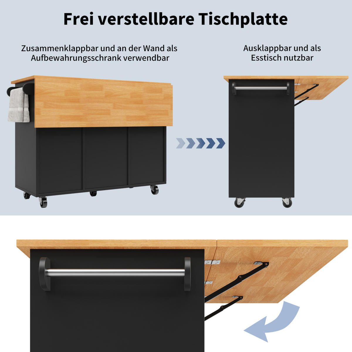 KÜCHENINSEL 122/46/91,5 cm aus MDF mit klappbarer Tischplatte Schwarz - Schwarz, Holzwerkstoff (122/91.5/74.5cm) - Modenvie