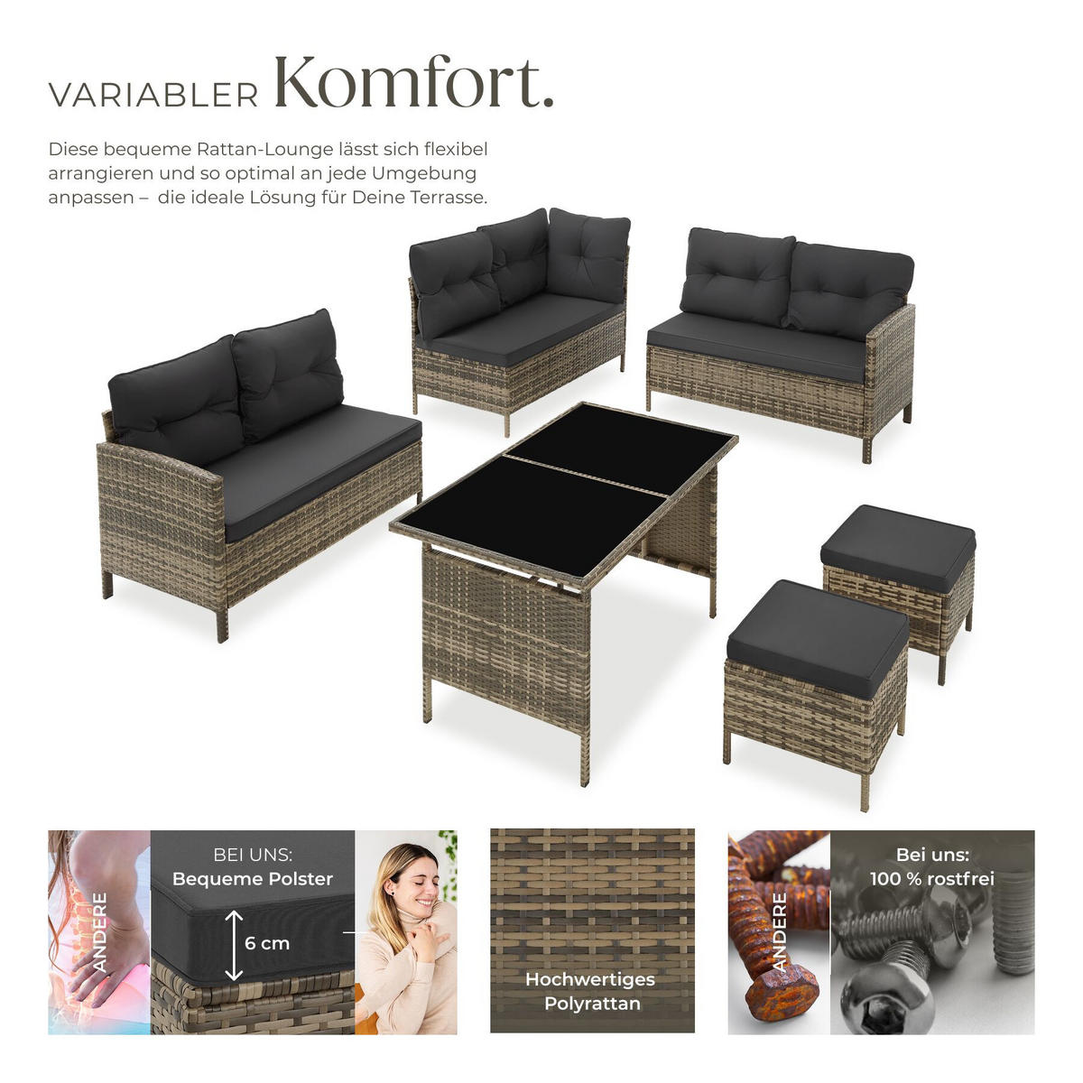 RATTANLOUNGE Barletta, mit Sicherheitsglasplatten, natur - Naturfarben, Kunststoff - tectake