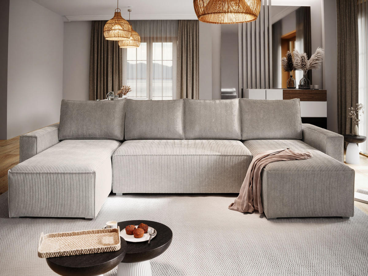 WOHNLANDSCHAFT ASPRA Creme Kordstoff mit Schlaffunktion - Creme, Holz (295/85/140cm) - MASSENO