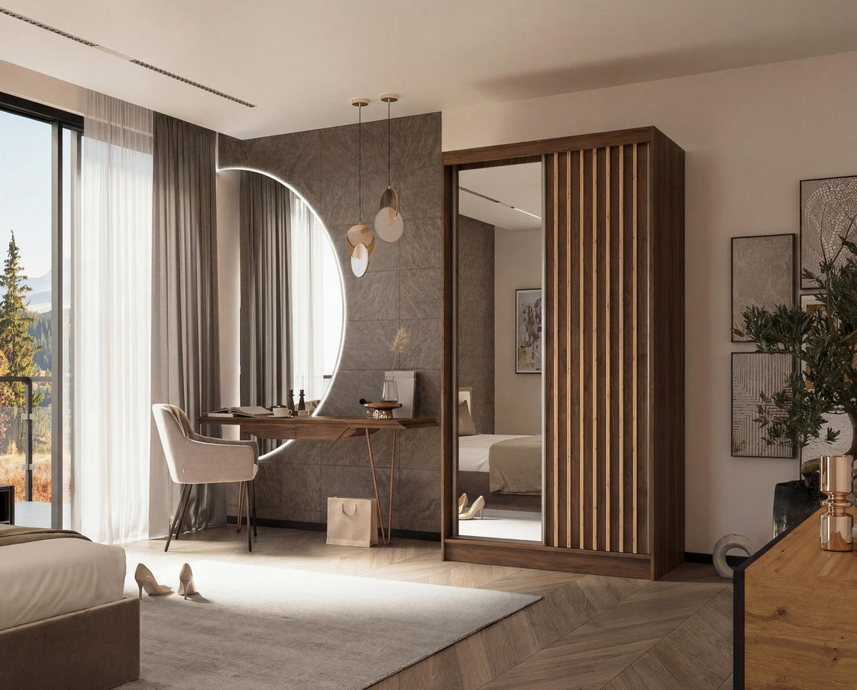 ŠATNÍ SKŘÍŇ S POSUVNÝMI DVEŘMI LAMELLO, 120/216/61 cm moderní 2dveřová se zrcadlem, dekor ořech - ořechová, kompozitní dřevo (120/216/61cm) - MASSENO
