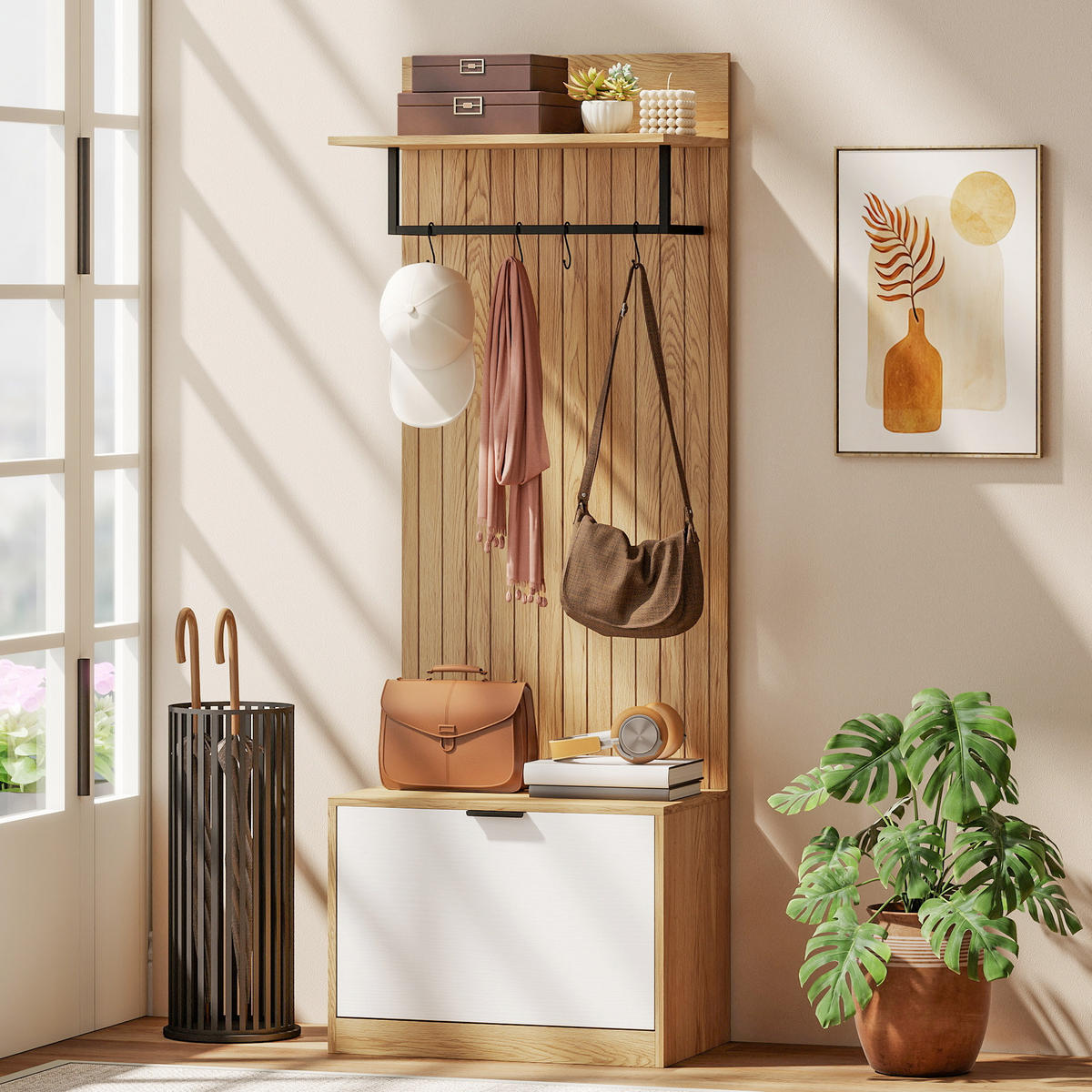 GARDEROBE DE-17895 5-in-1 mit klappbarer Schuhbank Eiche - Eichefarben, Holzwerkstoff (30/170/60cm) - ComfortXL