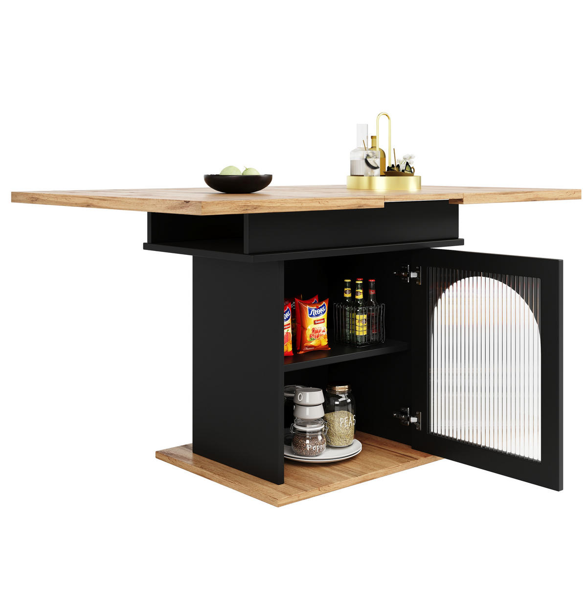 JÍDELNÍ stůl 110-140/80/76 cm černý z MDF a skla s výsuvnou deskou a úložnými policemi - černá, kompozitní dřevo (140/80/76cm) - OKWISH