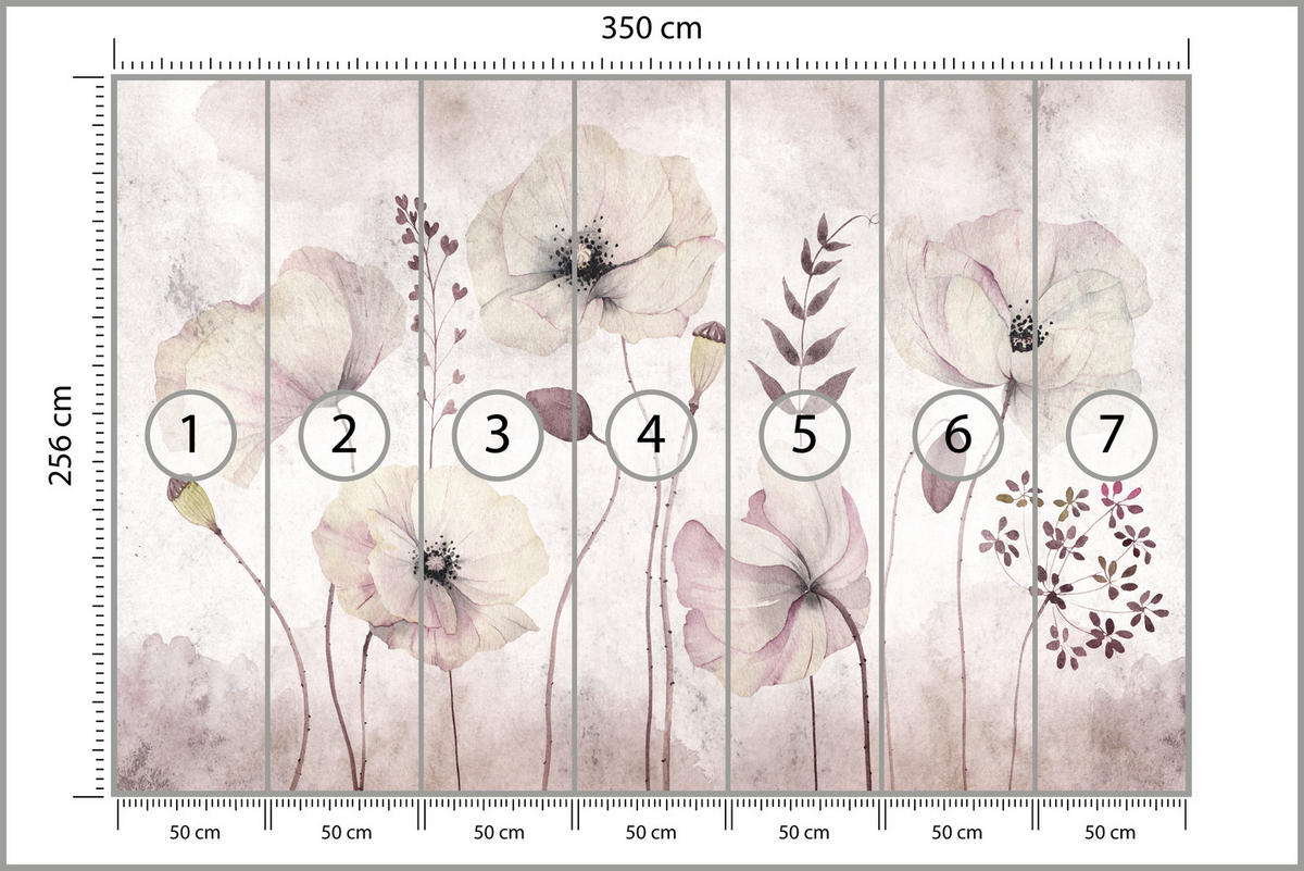 FOTOTAPETE für Schlafzimmer Zarte Mohnblumen Wiese Blumen 350x256 - Violett, Papier (350/256cm) - Muralo