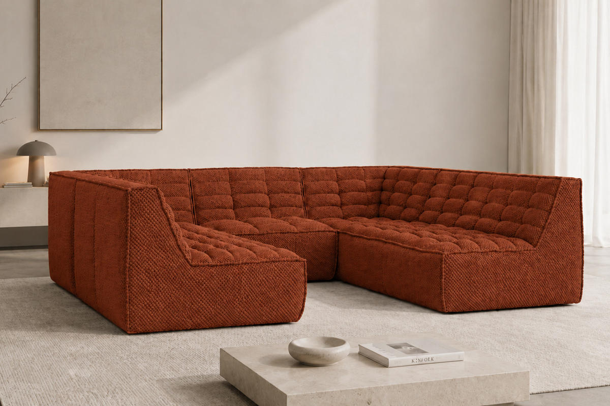 ROHOVÁ SEDAČKA modulární Corner ve tvaru U, plyšová tkanina Pop, Měděná, LAZY U CORNER - měděná, dřevo (266/76/253cm) - Kaiser Möbel